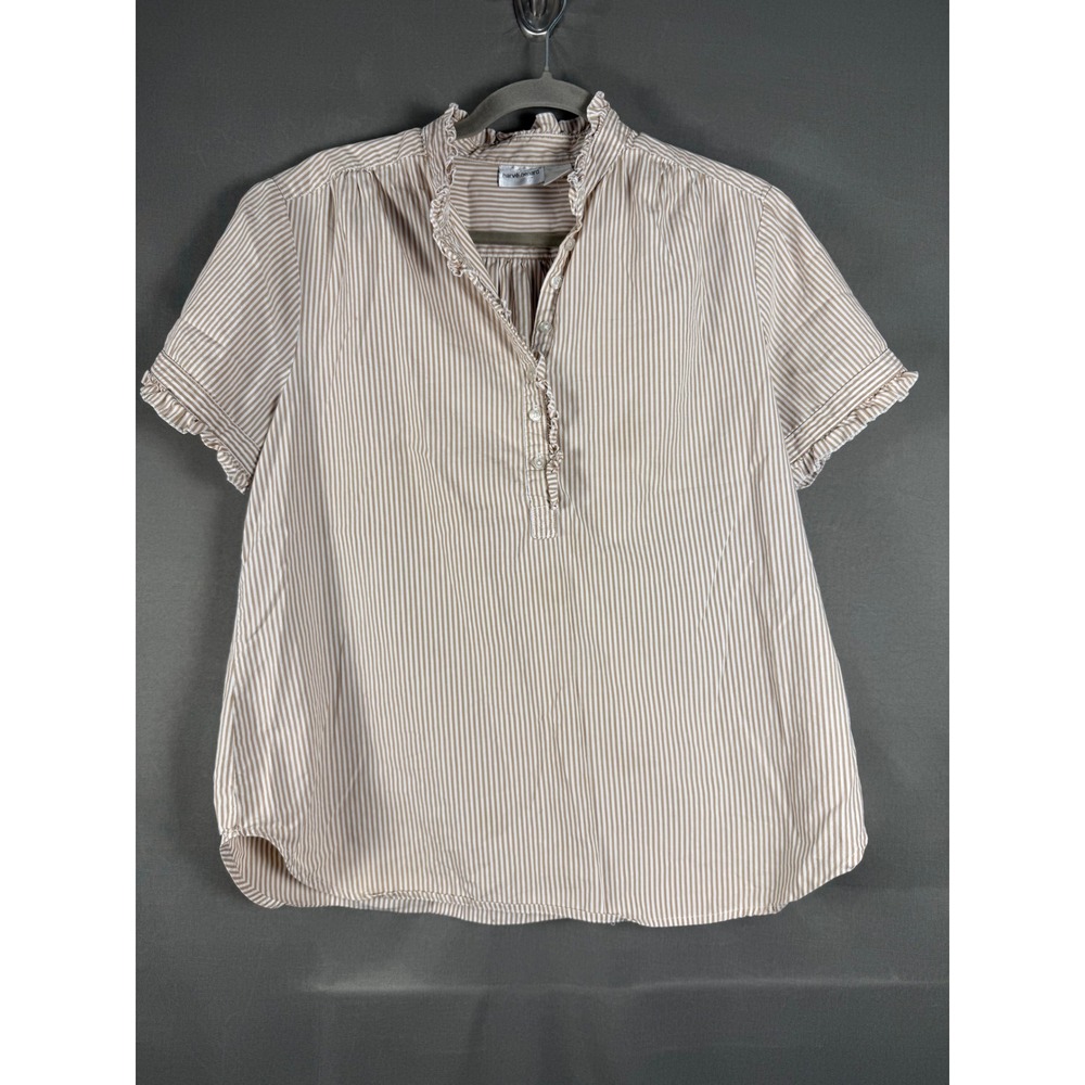 Harve Benard Blouse Womens XL Tan White Striped Ruffle Collar Short Sleeve Top